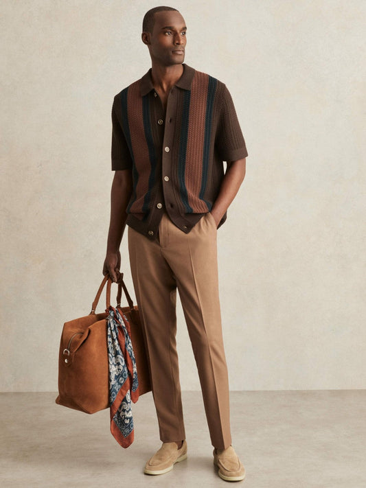 Cotton Textured-Knit Stripe Shirt Brown Multi | Men