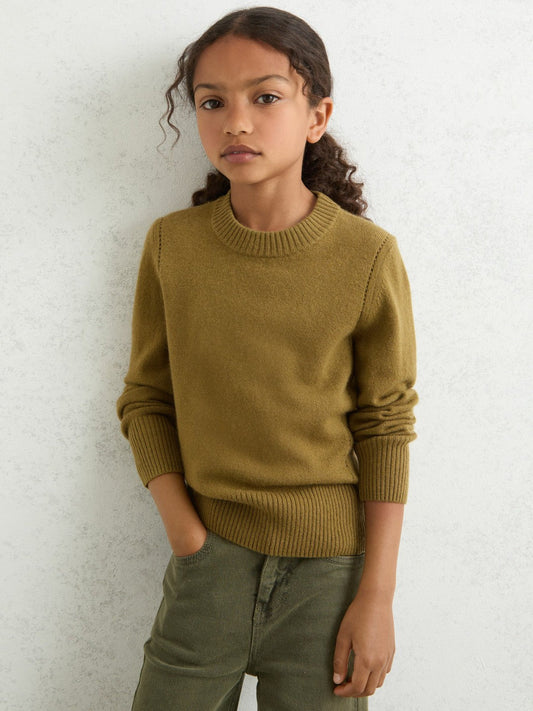 3-9 yrs Wool-Blend Open-Stitch Jumper with Cashmere Khaki Green | Children & Baby