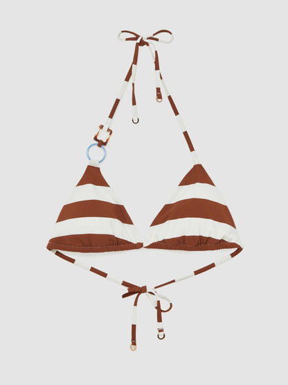 Stripe Halterneck Triangle Bikini Top Navy/Brown | Women