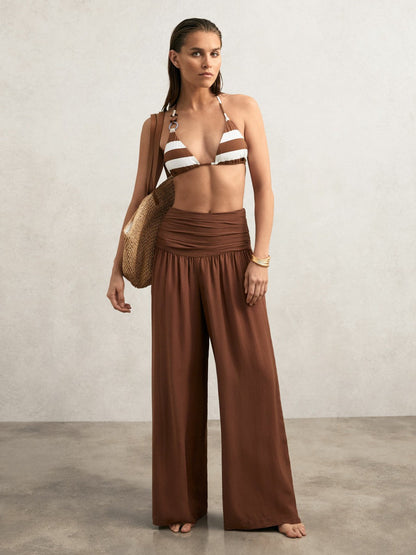 Stripe Halterneck Triangle Bikini Top Navy/Brown | Women