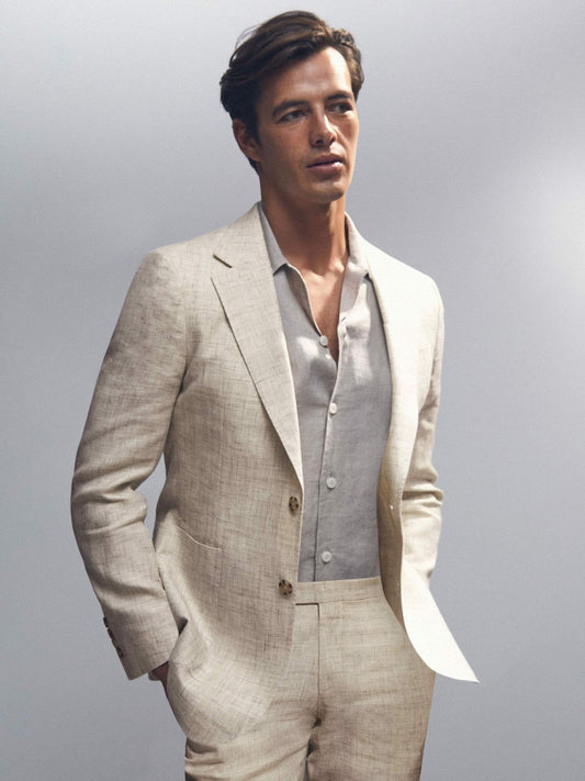 Linen-Cotton Single-Breasted Suit Blazer Slim-Fit Stone | Men