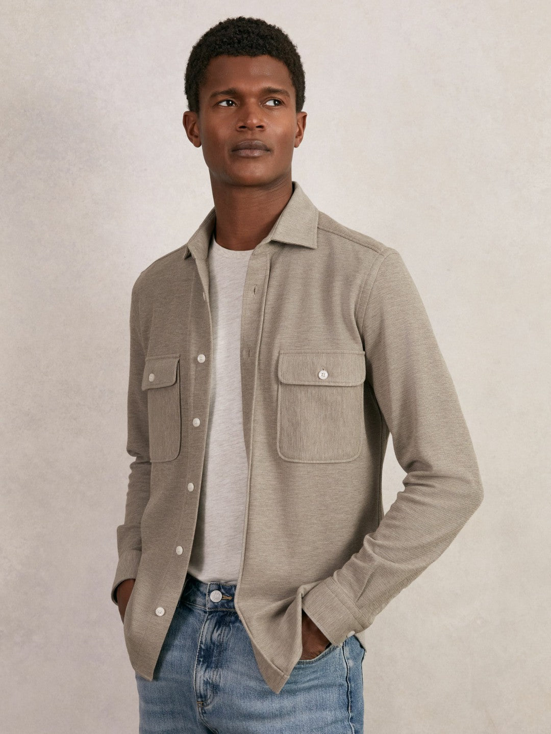 Textured Twin Pocket Cotton Blend Overshirt Oatmeal Brown Melange | Men