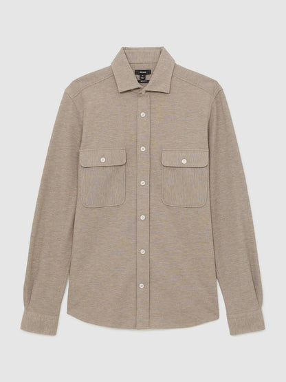 Textured Twin Pocket Cotton Blend Overshirt Oatmeal Brown Melange | Men