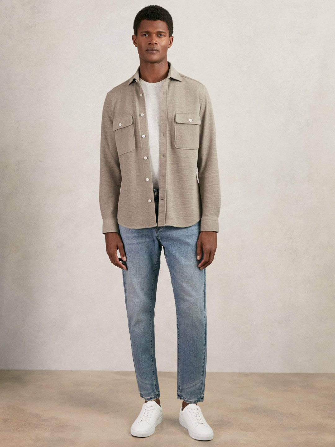 Textured Twin Pocket Cotton Blend Overshirt Oatmeal Brown Melange | Men