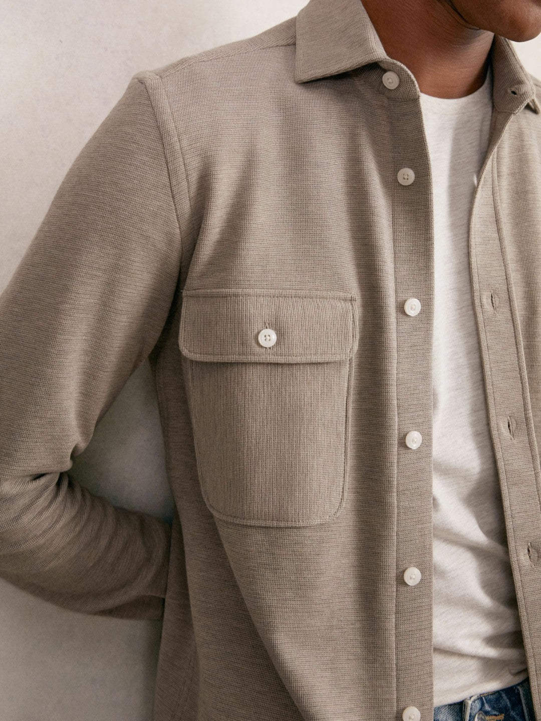 Textured Twin Pocket Cotton Blend Overshirt Oatmeal Brown Melange | Men