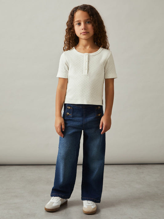 9-13 yrs Cotton Pointelle Button T-Shirt Ivory | Children & Baby