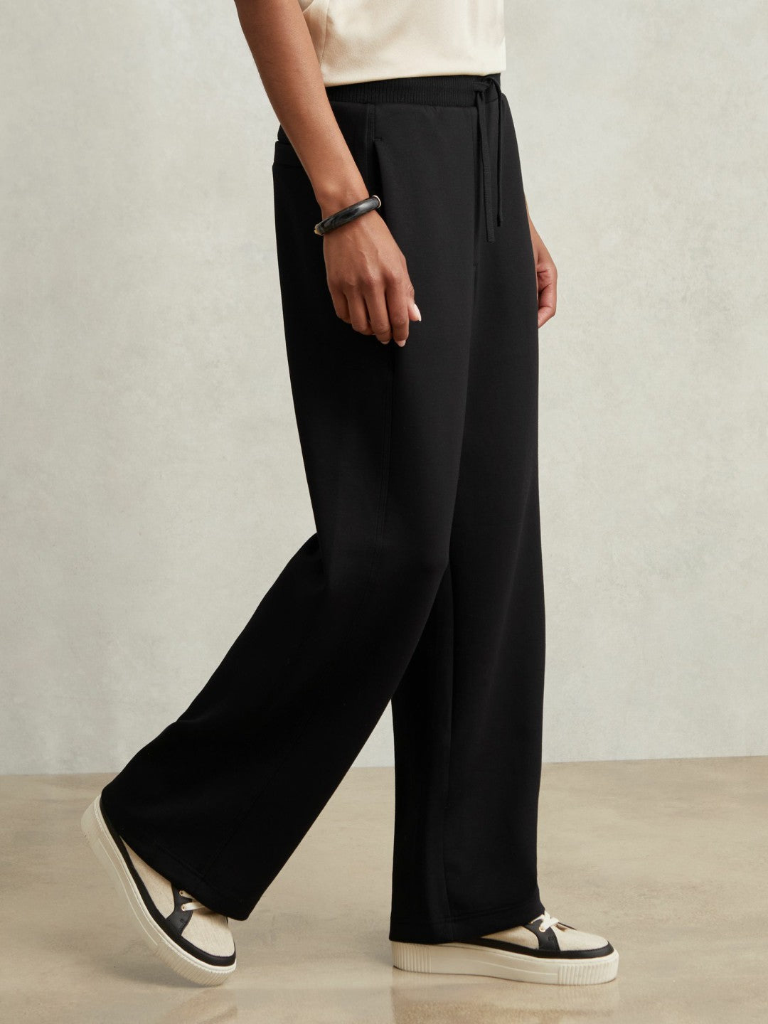 Wide-Leg Interlock Drawstring Joggers Black | Women
