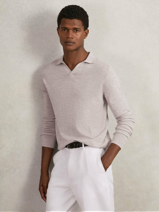 Merino Wool Open-Collar Polo Shirt Wicker Brown Melange | Men