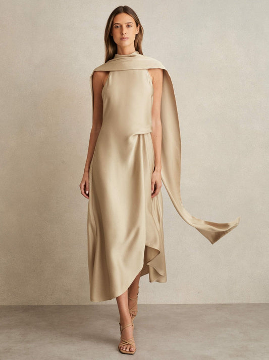 Satin Tuck-Detail Cape Midi Dress Champagne Neutral | Women