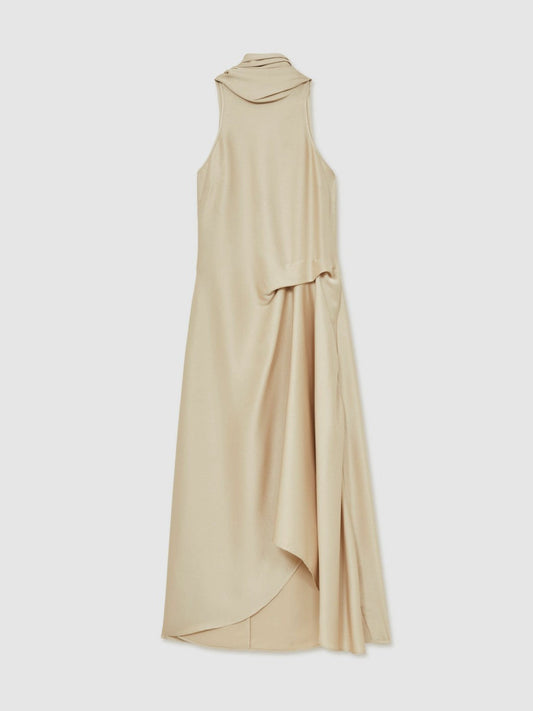 Satin Tuck-Detail Cape Midi Dress Champagne Neutral | Women