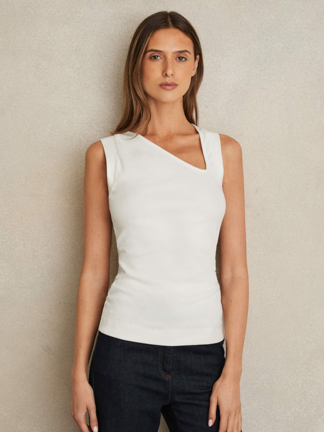 Stretch-Cotton Ribbed Asymmetric Vest White | Women