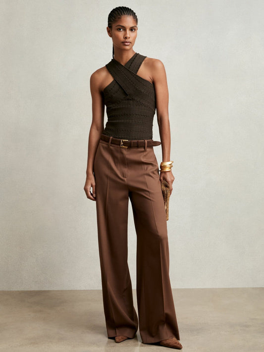 Cross Neck Textured Top Chocolate | Women