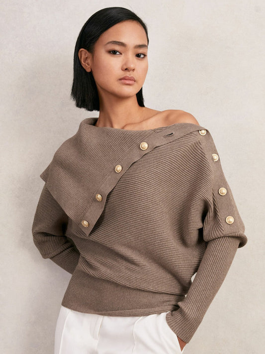 Rib-Knit Button Shawl Jumper Taupe | Women