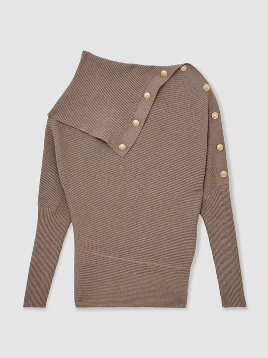 Rib-Knit Button Shawl Jumper Taupe | Women