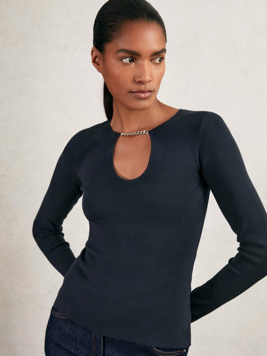 Chain-Detail Keyhole Knit Top Navy | Women