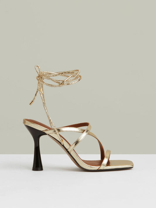 Leather Metallic Strappy Heeled Sandals Gold | Women