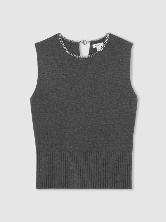 Wool-Blend Necklace-Trim Knitted Vest Charcoal Grey | Women