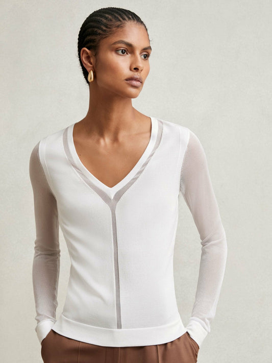 Sheer-Detail V-Neck Top White | Women