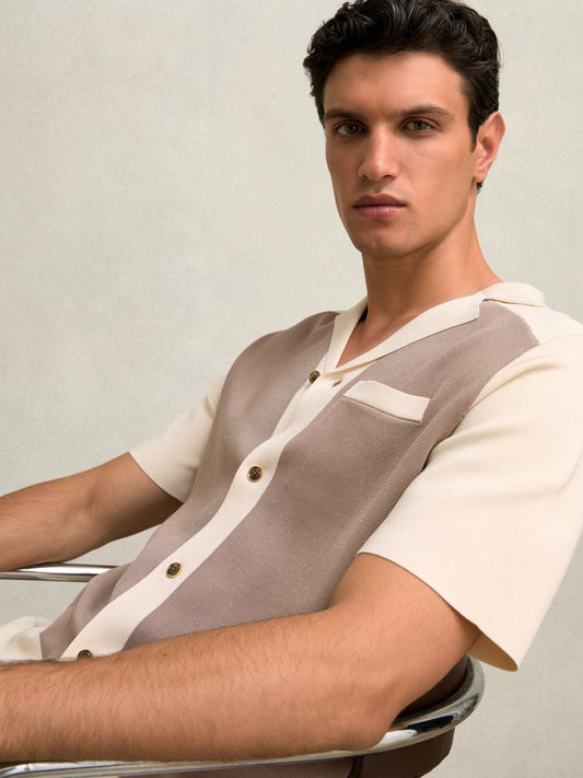 Colour-Block Cuban-Collar Knit Shirt Taupe Brown/Light Stone | Men