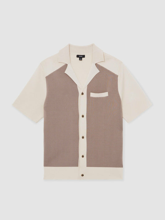 Colour-Block Cuban-Collar Knit Shirt Taupe Brown/Light Stone | Men