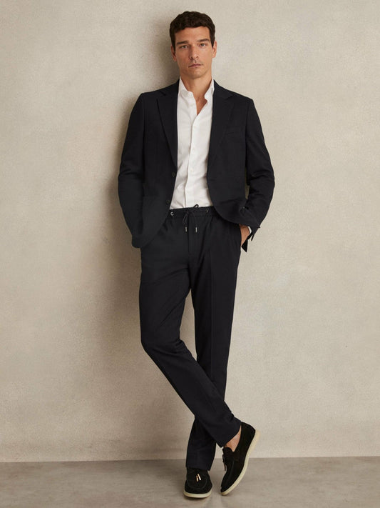 Slim Fit Jersey Drawstring Suit Trousers Navy | Men