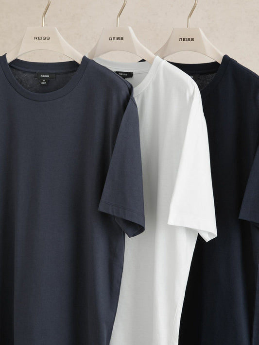 Cotton Crew-Neck T-shirts 3 Pack White/Navy/Airforce Blue | Men
