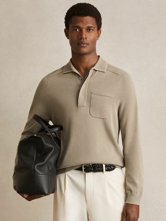 Cotton Concealed Placket Polo Shirt Light Sage Green | Men