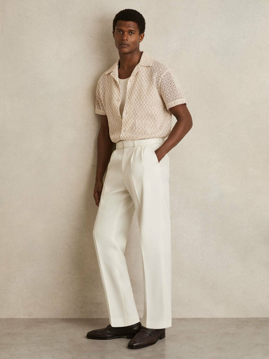 Wool-Blend Belted Pleated Trousers Regular-Fit White | Men