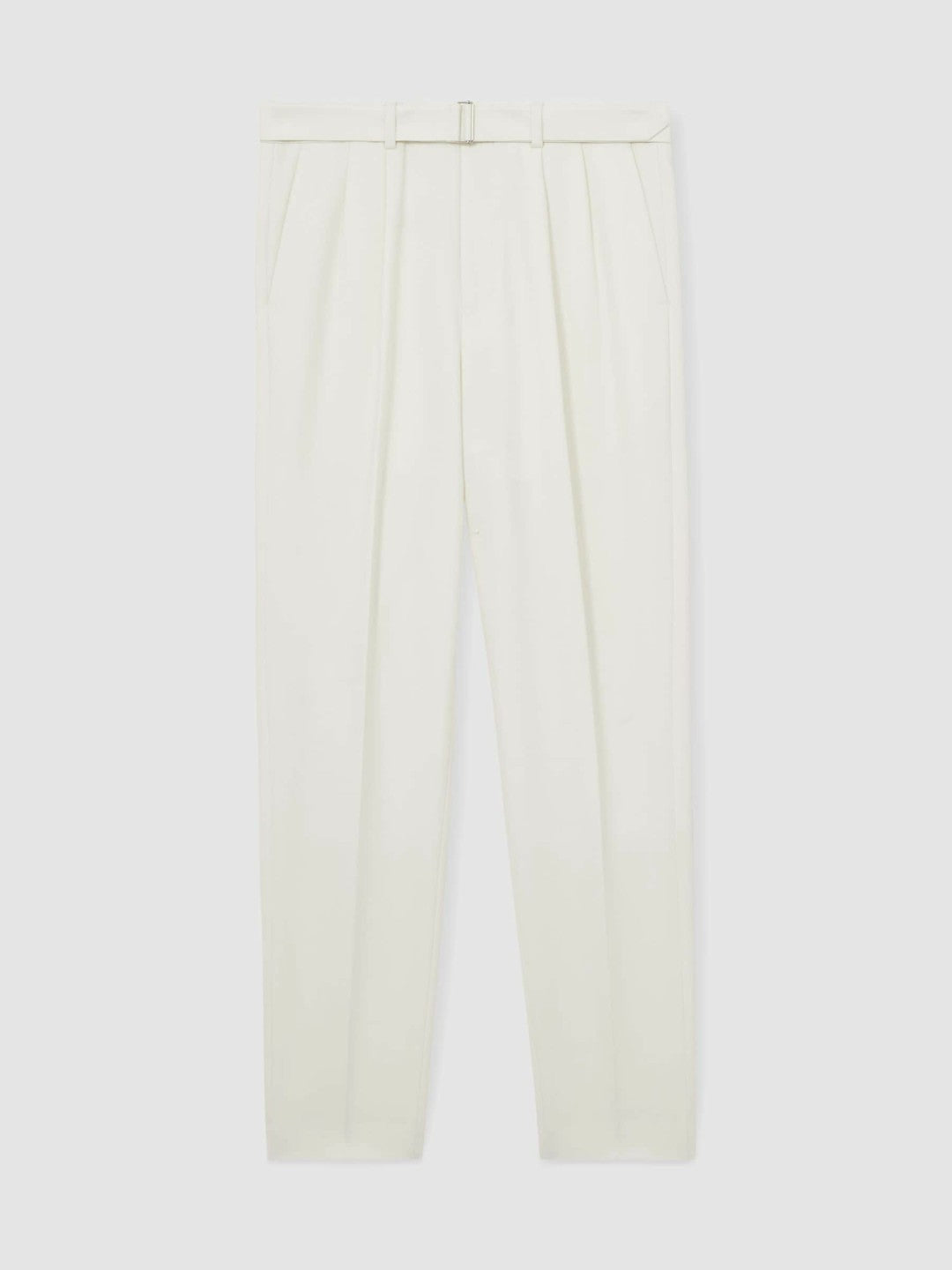 Wool-Blend Belted Pleated Trousers Regular-Fit White | Men