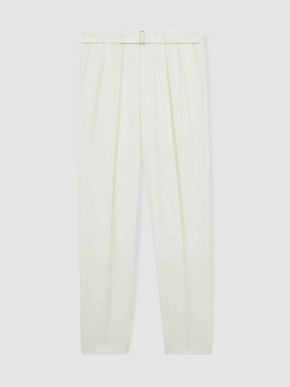 Wool-Blend Belted Pleated Trousers Regular-Fit White | Men