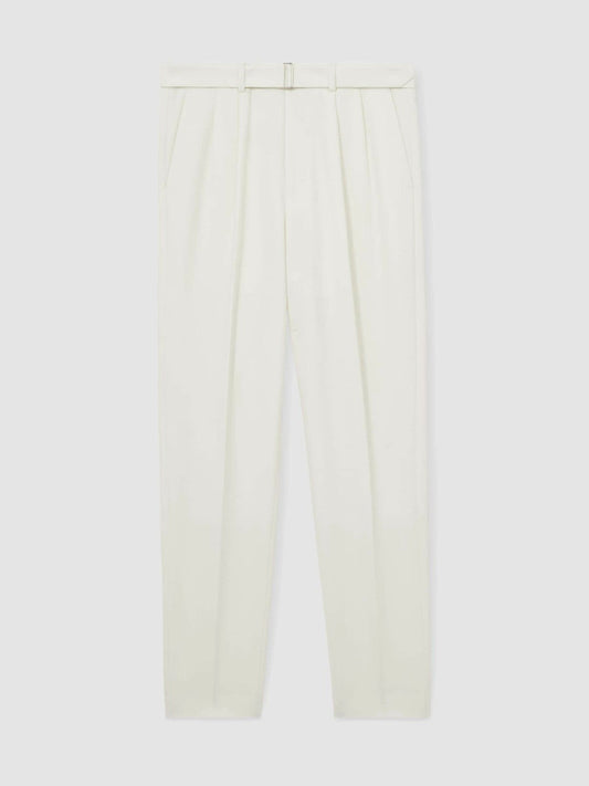 Wool-Blend Belted Pleated Trousers Regular-Fit White | Men