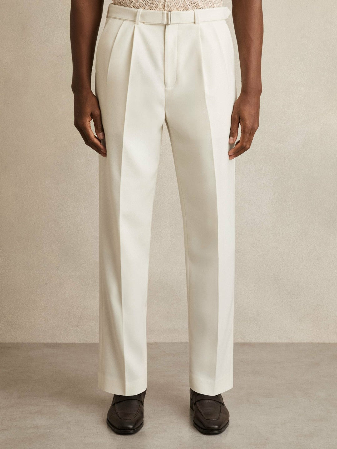 Wool-Blend Belted Pleated Trousers Regular-Fit White | Men