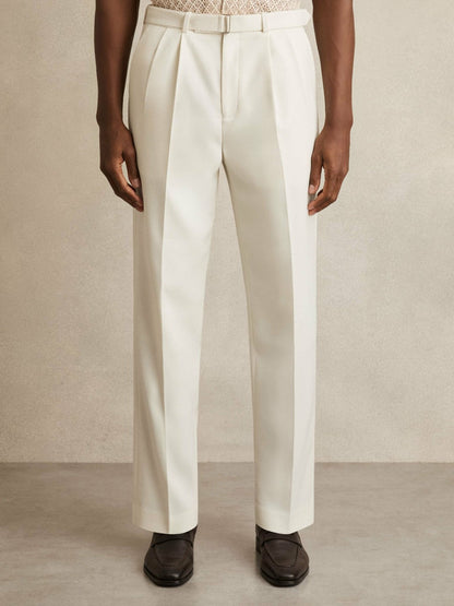 Wool-Blend Belted Pleated Trousers Regular-Fit White | Men