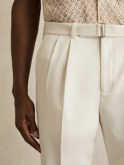 Wool-Blend Belted Pleated Trousers Regular-Fit White | Men