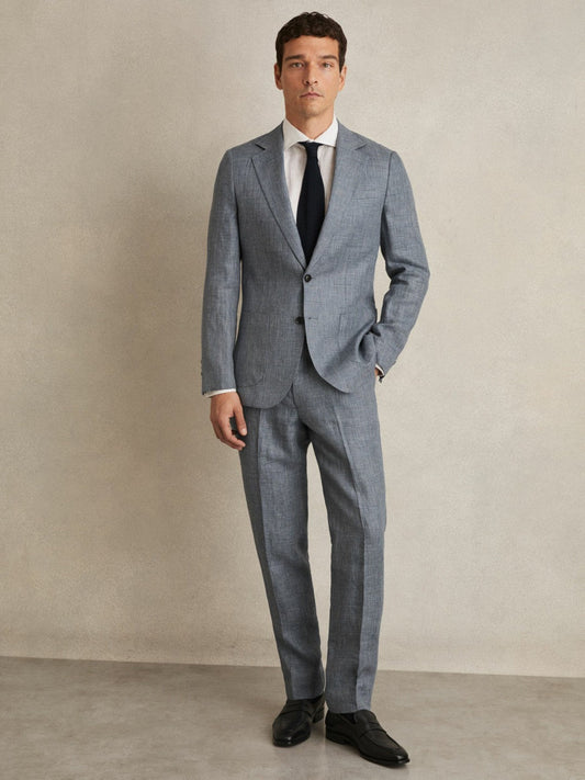 Slim Fit Linen Check Suit Trousers Soft Blue | Men