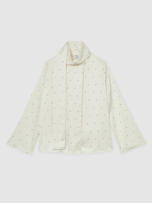 Satin Polka Dot Tie Neck Blouse Ivory | Women