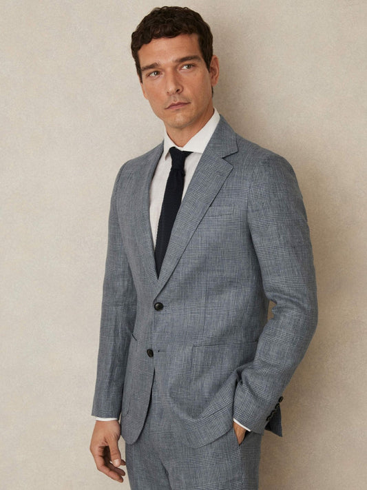 Slim Fit Single Breasted Linen Check Suit Blazer Soft Blue | Men