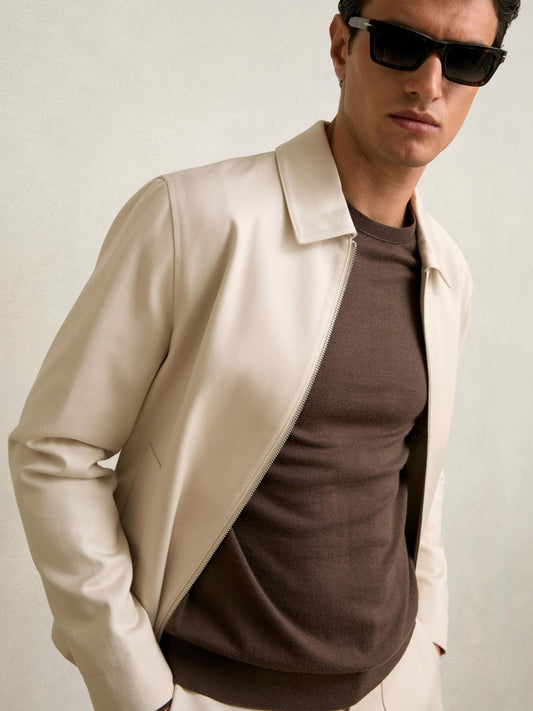 Lyocell-Cotton Zip-Through Twill Jacket Ecru | Men