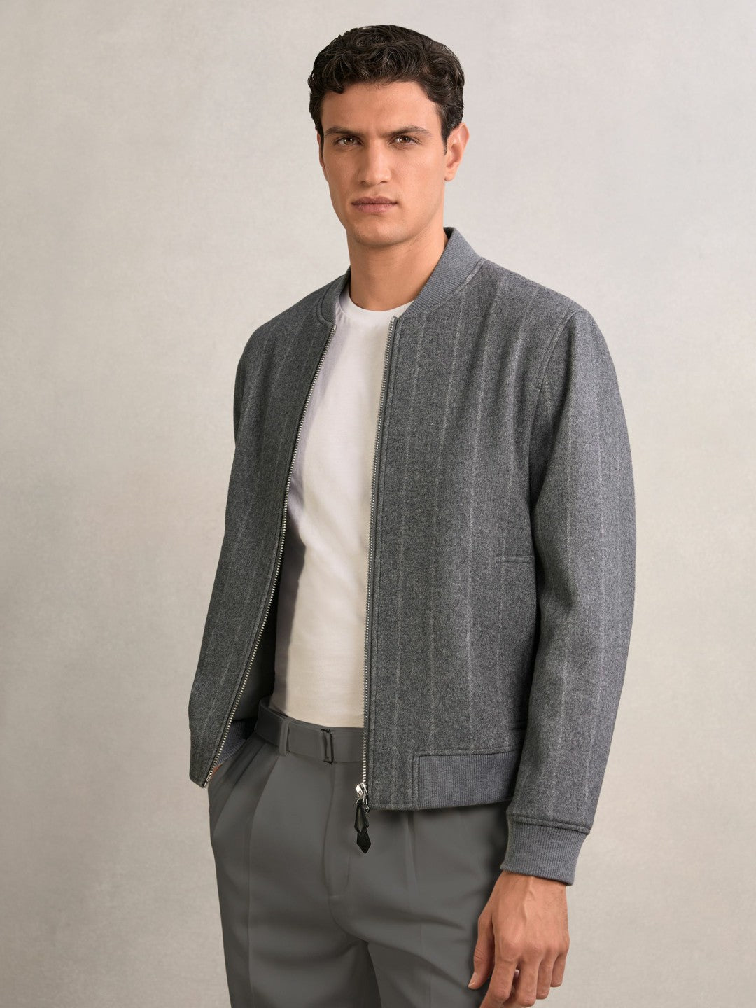 Wool-Blend Chalk-Stripe Bomber Jacket Grey | Men