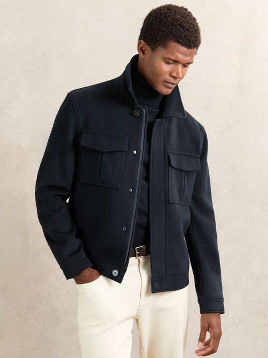 Wool Blend Twin Pocket Zipped Jacket Navy | Men
