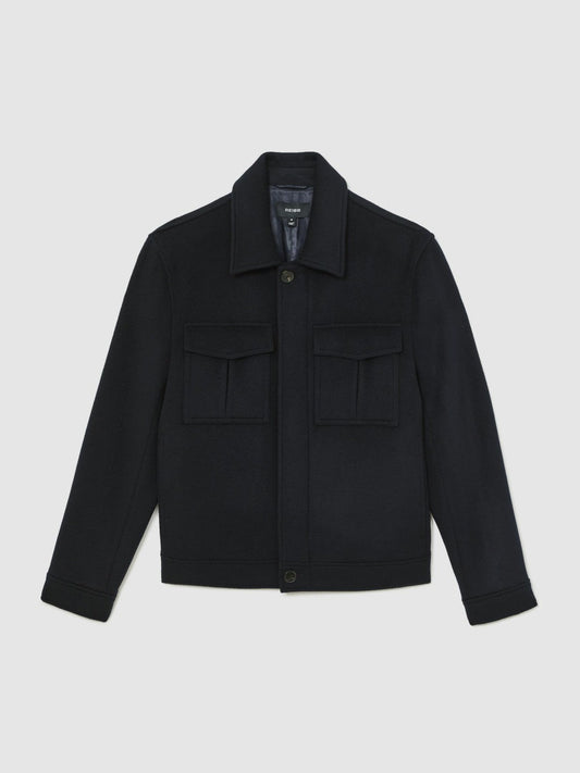Wool Blend Twin Pocket Zipped Jacket Navy | Men