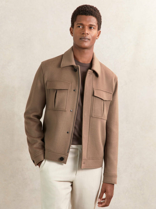 Wool Blend Twin Pocket Zipped Jacket Dark Brown | Men