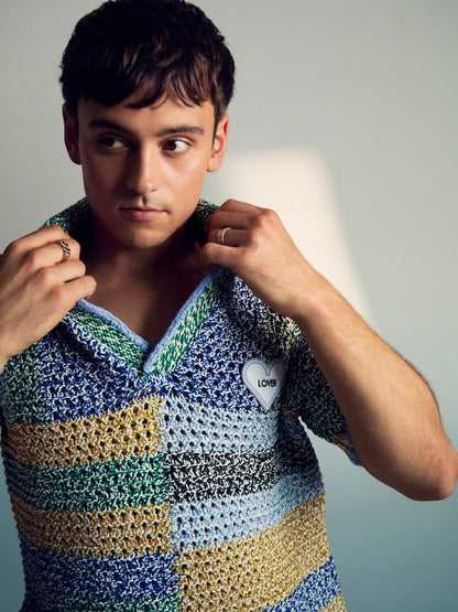 | Tom Daley Crochet Polo Shirt Yellow/Green/Blue Multi | Men