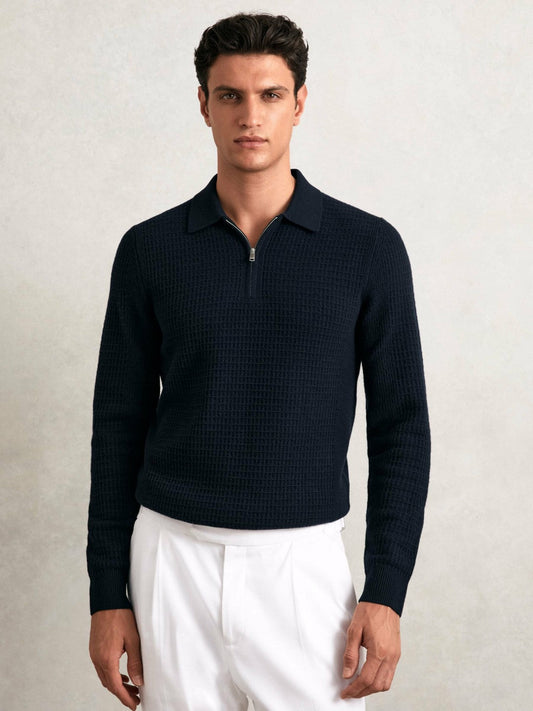 Wool Waffle-Knit Half-Zip Polo Shirt Navy | Men