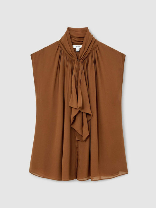 Crepe-Chiffon Ruffle Sleeveless Top Tan Brown | Women
