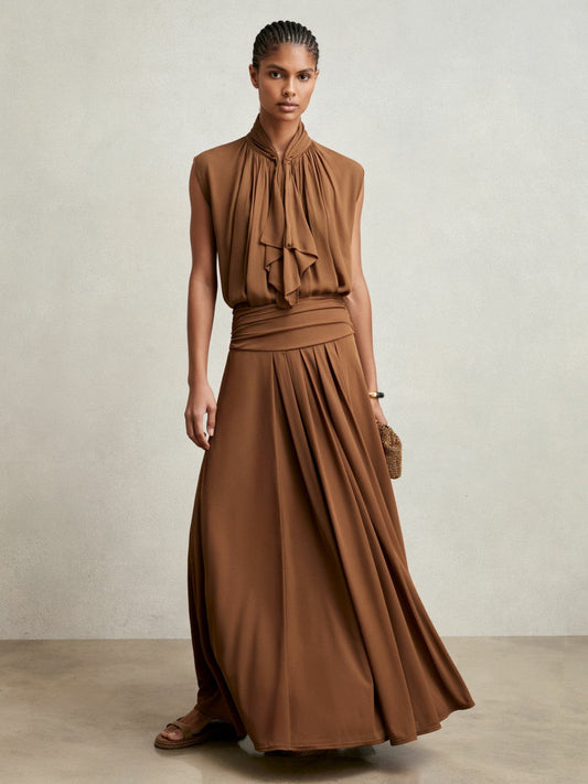 Jersey Ruched-Waist Maxi Skirt Tan Brown | Women