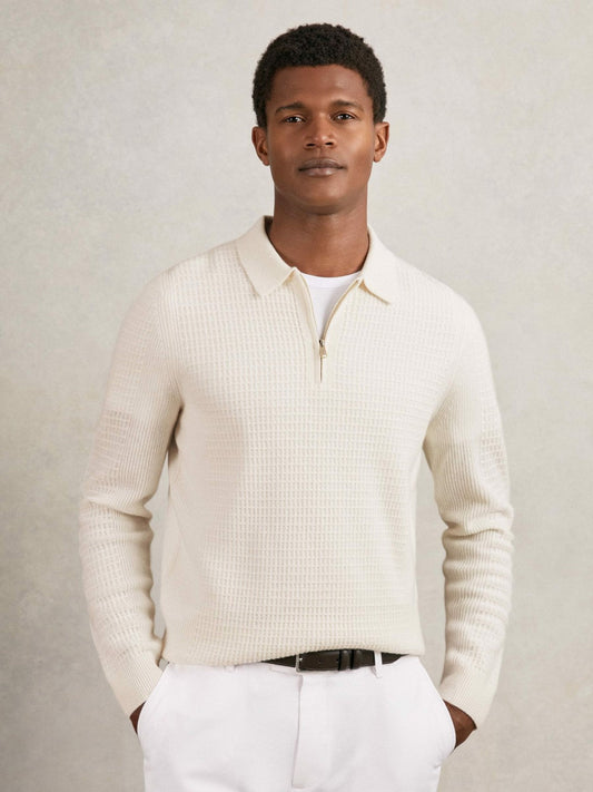 Wool Waffle-Knit Half-Zip Polo Shirt Off White | Men