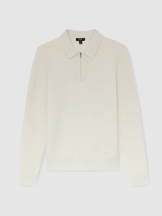 Wool Waffle-Knit Half-Zip Polo Shirt Off White | Men
