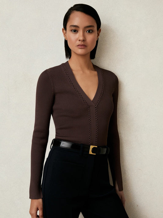 Craft-Stitch Rib-Knit Top Mocha Brown | Women