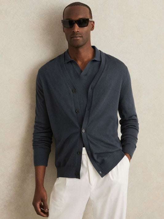 Merino Wool Button-Through Cardigan Midnight Navy | Men